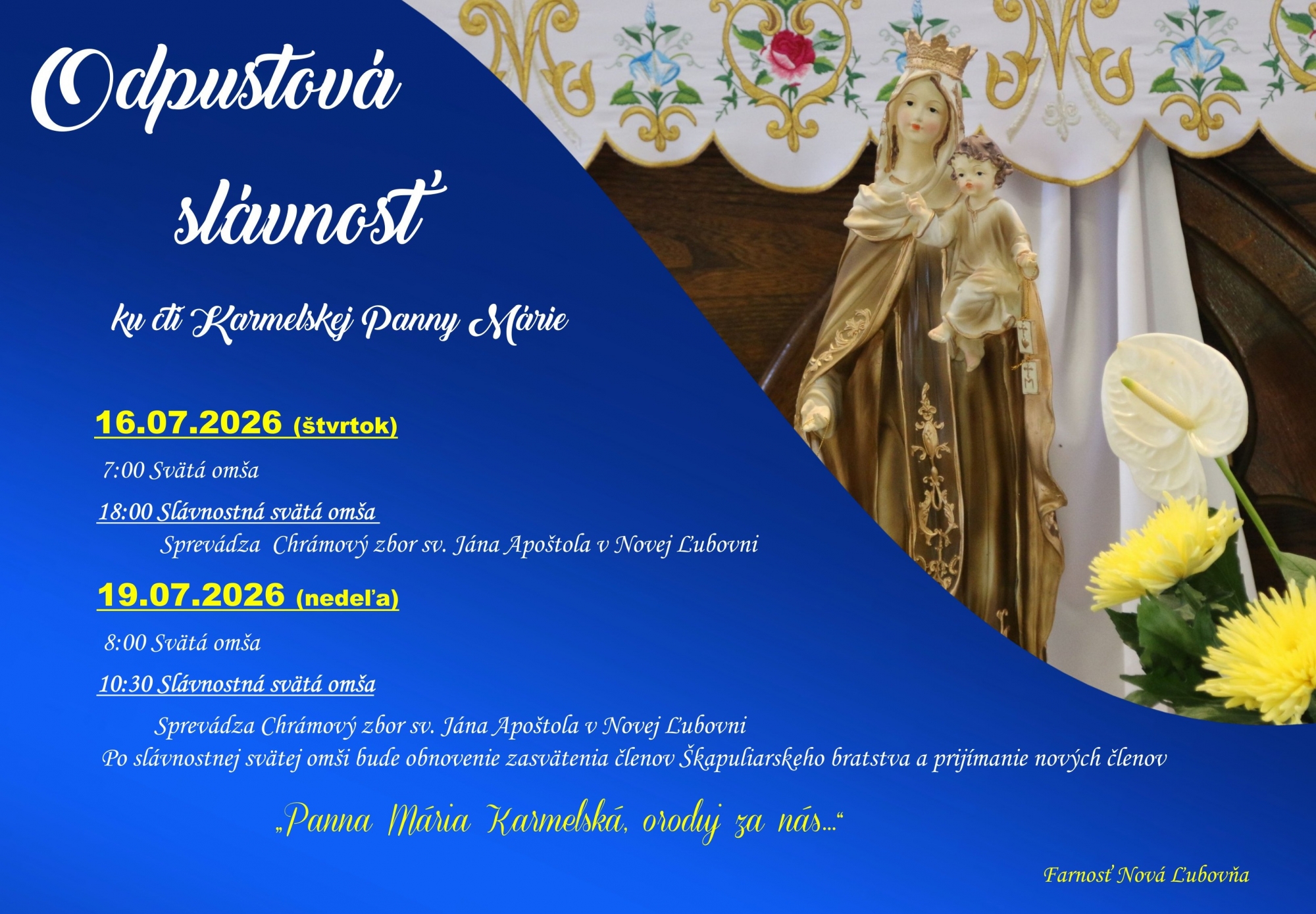 Odpustová slávnosť ku cti Karmelskej Panny Márie 16.07.2026 a 19.07.2026