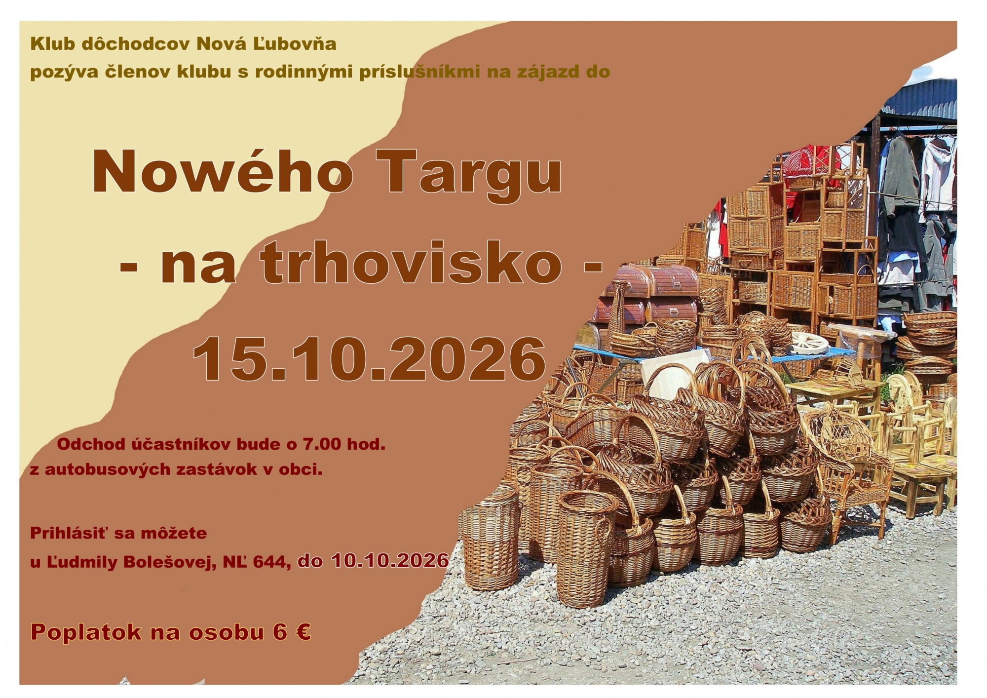 Klub dôchodcov pozýva členov klubu s rodinnými príslušníkmi na zájazd do Nového Targu - 15.10.2026