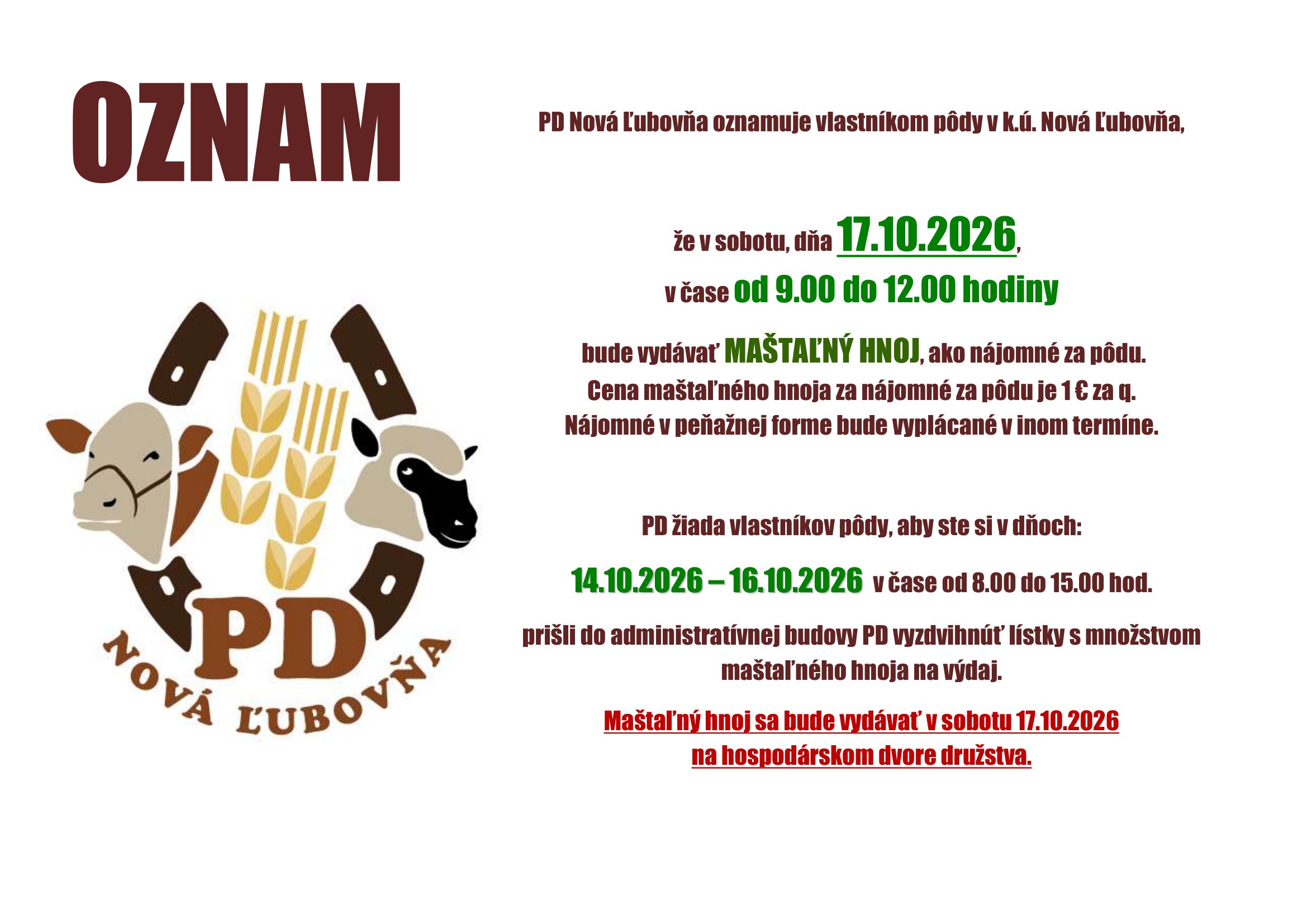 Oznam PD Nová Ľubovňa - výdaj maštaľného hnoja ako nájomného za pôdu 17.10.2026