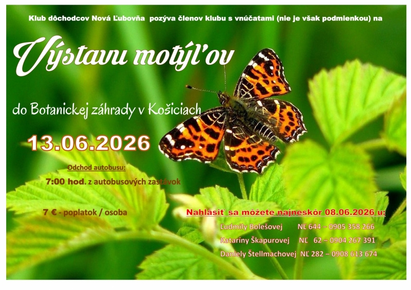 Pozvánka na Výstavu motýľov v Botanickej záhrade v Košiciach 13.06.2026