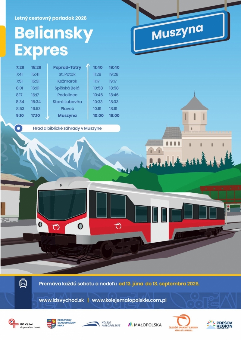 Beliansky expres opäť premáva počas letnej sezóny. Od 13. júna do 13. septembra 2026 spája počas víkendov Poprad s poľskou Muszynou. Trasa vedie cez Kežmarok, Spišskú Belú, Starú Ľubovňu a Plaveč, pričom ponúka pohodlný spôsob, ako objaviť historické pamiatky, turistické atrakcie aj krásy pohraničného regiónu bez nutnosti cestovať autom.