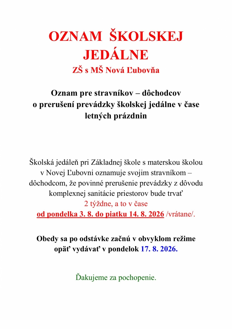 Oznam školskej jedálne stravníkom - dôchodcom