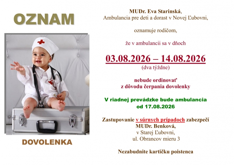 Oznam o čerpaní dovolenky - Ambulancia pre deti a dorast v NĽ, 03.08.2026 - 14.08.2026