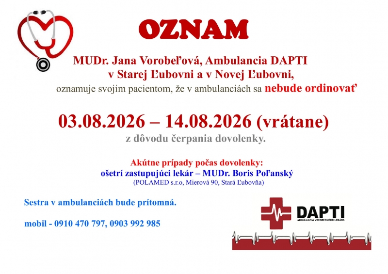 čerpanie dovolenky ambulancia Dapti