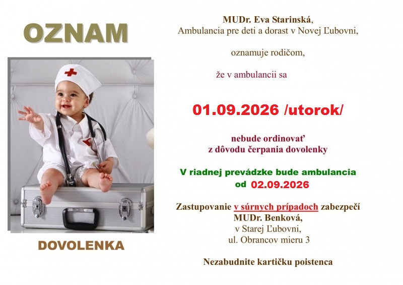 Oznam o čerpaní dovolenky 01.09.2026 ambulancia pre deti a dorast
