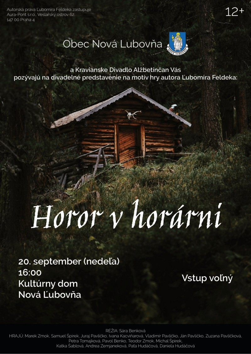 Pozvánka na divadelné predstavenie Horor v horárni - Kultúrny dom Nová Ľubovňa 20.09.2026 