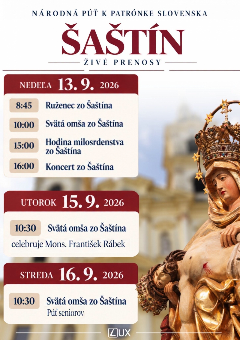 Sedembolestná Panna Mária, Patrónka Slovenska Sviatok: 15. september  Liturgické slávenie: slávnosť (neprikázaný sviatok)  Sedembolestnú Pannu Máriu si uctievajú Slováci ako svoju národnú Patrónku. V iných krajinách je známa pod menom „Bolestná Panna Mária“ (lat. Virgo Maria Dolorosa). Samozrejme, „sedem“ je symbolické číslo. Panna Mária mala vo svojom živote mnoho bolestí. Celý jej život je popretkávaný nečakanými, bolestnými udalosťami. Číslo sedem v biblickom slova zmysle znamená plnosť. No predsa tradícia hovorí o konkrétnych siedmich bolestiach, ktoré Panna Mária vo svojom živote prežila. Sú to:  Proroctvo Simeona v chráme („tvoju dušu prenikne meč“) Útek do Egypta pred kráľom Herodesom, ktorý chcel zabiť malého Ježiša Strata dvanásťročného Ježiša v chráme Stretnutie s Ježišom na krížovej ceste Ukrižovanie a smrť Ježiša Snímanie z kríža Ježišov pohreb Prvé stopy sviatku Sedembolestnej Panny Márie badať v 15. storočí. Prvá zmienka o ňom pochádza z roku 1412, kedy sa o ňom hovorilo na cirkevnom sneme v Kolíne nad Rýnom. Pre celú Cirkev bol ustanovený pápežom Benediktom XIII. v roku 1727. Ten istý pápež povolil, aby sa Sedembolestná Panna Mária uctievala ako Patrónka Slovenska. Najväčšou národnou svätyňou Sedembolestnej Panny Márie je u nás bazilika minor v Šaštíne. Dejiny tohto chrámu siahajú do roku 1564. Za baziliku minor bola vyhlásená pápežom Pavlom VI. v roku 1964. Ten istý pápež v roku 1966 riadne ustanovil a vyhlásil Sedembolestnú Pannu Máriu za hlavnú Patrónku Slovenska. Každoročne na tento sviatok a na Turíce tisíce pútnikov putujú do šaštínskej baziliky, kedy bývajú hlavné púte, aby si uctili našu Patrónku a vyprosili pomoc v bolestiach a utrpení každodenného života.