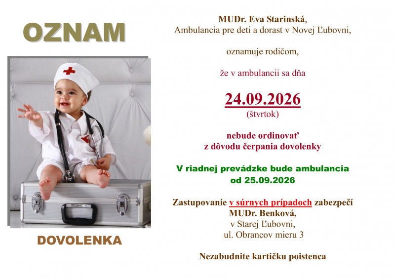 Oznam o čerpaní dovolenky 24.09.2026 - Ambulancia pre deti a dorast v Novej Ľubovni