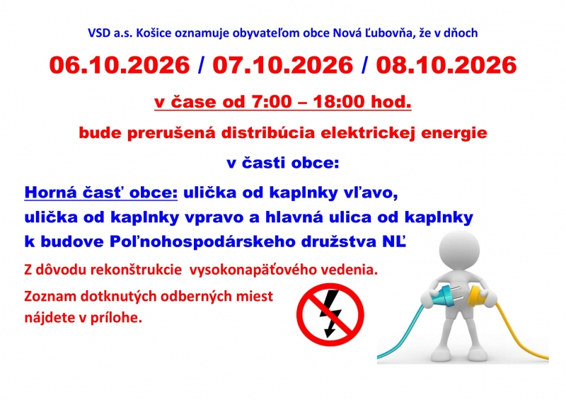 Oznam o prerušení distribúcie elektrickej energie v uvedených častiach obce - 6.10.2026 - 8.10.2026