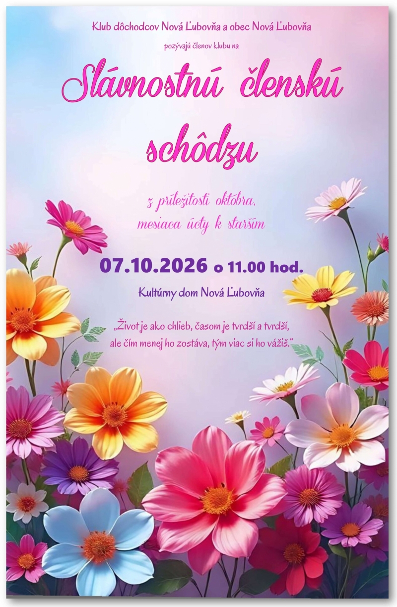 Slávnostná členská schôdza Klubu dôchodcov Nová Ľubovňa - 07.10.2026 o 11.00 hod.