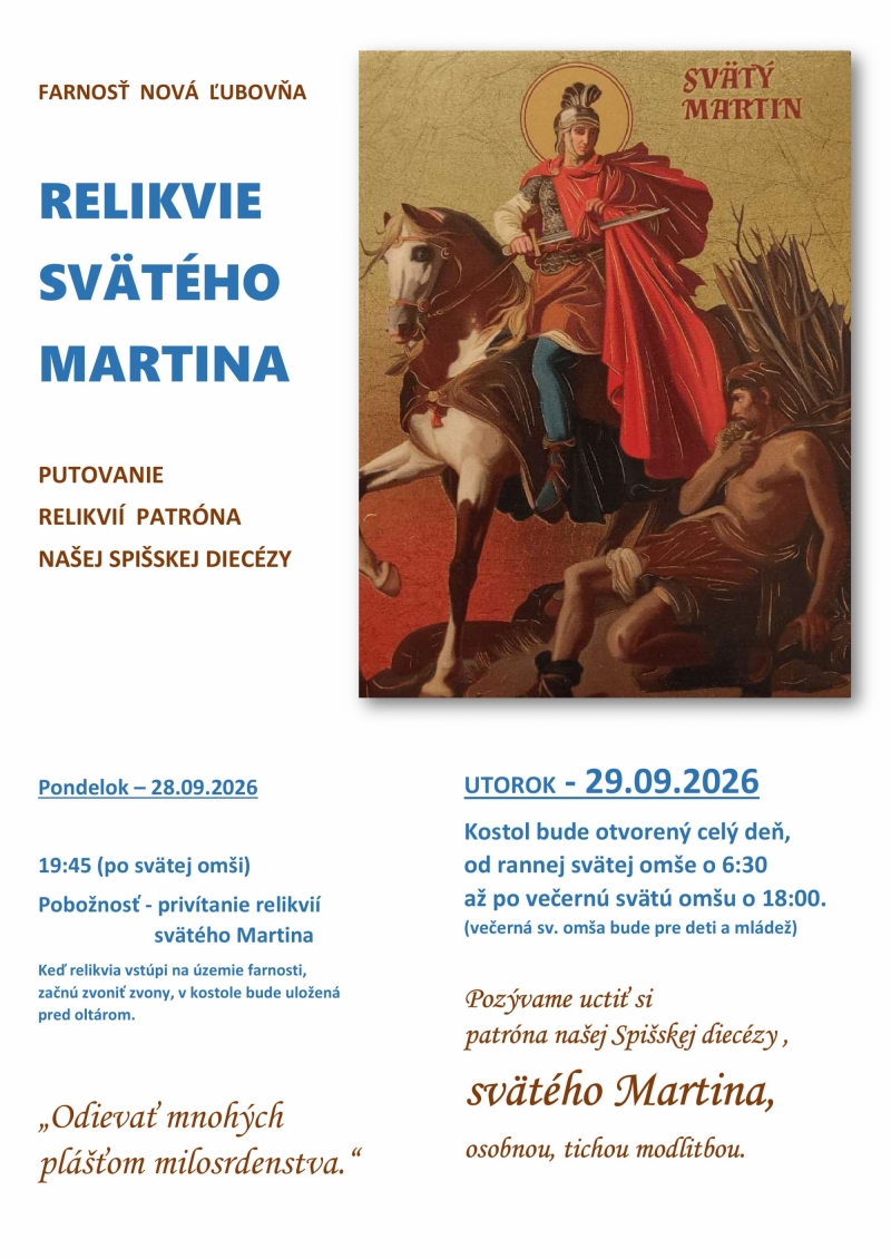 Relikvie svätého Martina vo farnosti Nová Ľubovňa - 29.09.2026