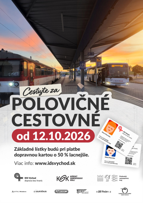 Od 12. októbra 2026 bude cestovanie regionálnymi autobusmi v rámci IDS Východ výhodnejšie. Základné cestovné sa dočasne zníži na úroveň zľavneného cestovného. Pri platbe dopravnou kartou budú základné jednorazové lístky o 50 % lacnejšie. Zvýhodnenie sa týka aj základných predplatných lístkov s platnosťou do 30 dní, za podmienok uvedených v článku. Ide o časovo obmedzené opatrenie, ktoré Košický samosprávny kraj a Prešovský samosprávny kraj realizujú na základe odporúčania vlády SR. Podrobnosti a podmienky cestovania: Zľavnené cestovné aj v regionálnych autobusoch - IDS Východ