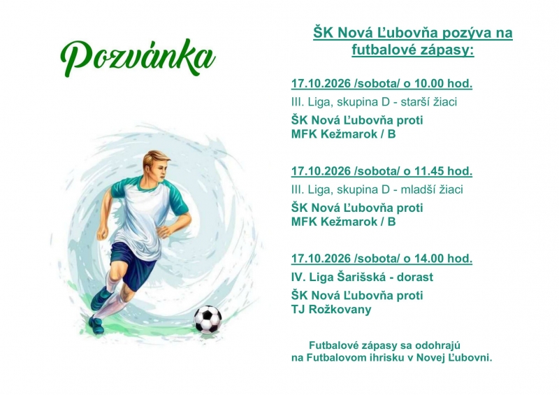 Pozvánka na futbalové zápasy 17.10.2026