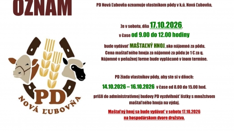 Oznam PD Nová Ľubovňa - výdaj maštaľného hnoja ako nájomného za pôdu 17.10.2026